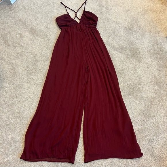 Zara burgundy V-neck crisscross spaghetti strap wide leg jumpsuit Sz S NWT - Picture 8 of 16